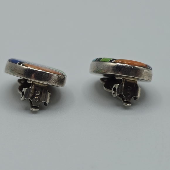 Southwestern Zuni Style Sterling Mosaic Inlay Clip-On Earrings, Handmade, Signed - Picture 5 of 13
